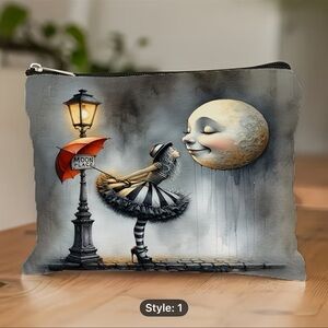 Whimsical Moon & Ballerina Zip make-up Pouch / clutch - Gray, Black & Red